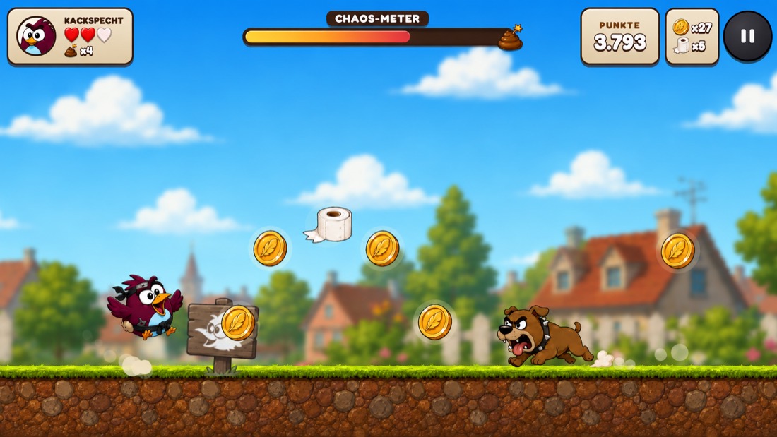 Gameplay: Kackspecht weicht dem Hund aus